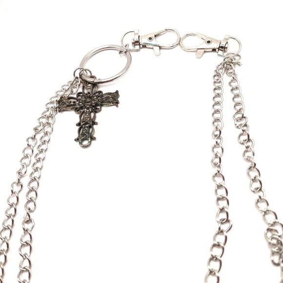 Mens Wallet Or Pants Double Layer Silver Tone Chain + Antique Style Cross -21" - Picture 5 of 8